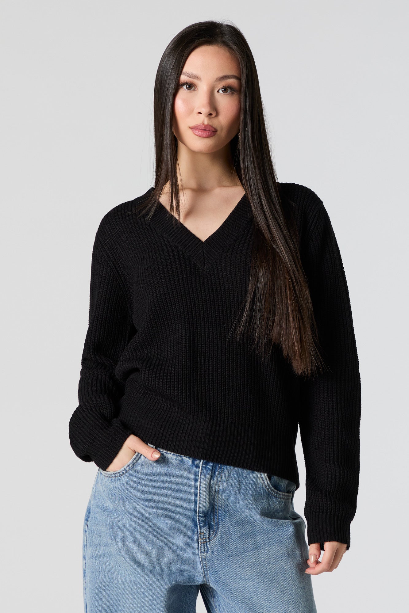 Ribbed Knit V-Neck Sweater