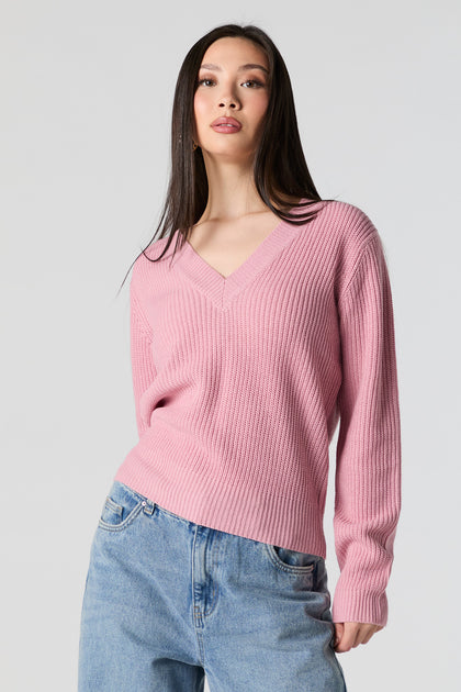 Ribbed Knit V-Neck Sweater