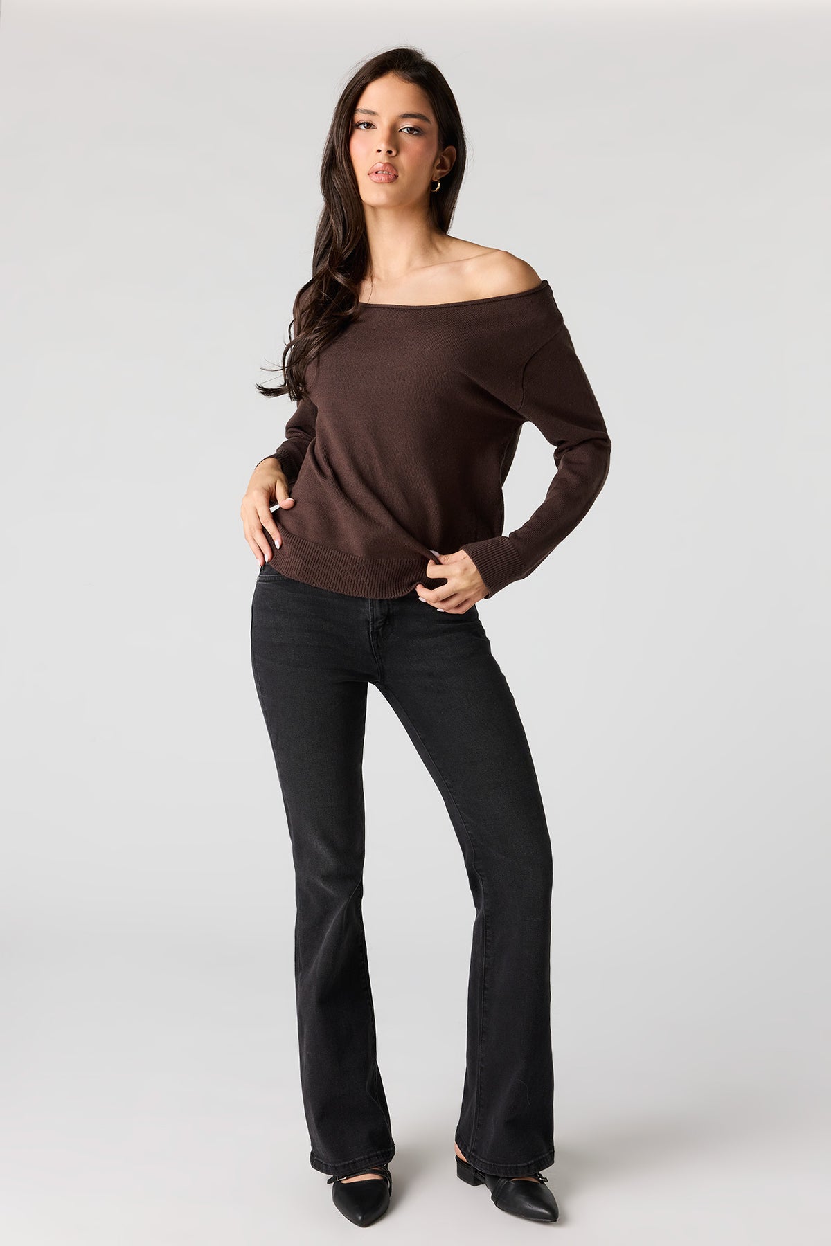 Alt View 3. Off Shoulder Sweater - Brown