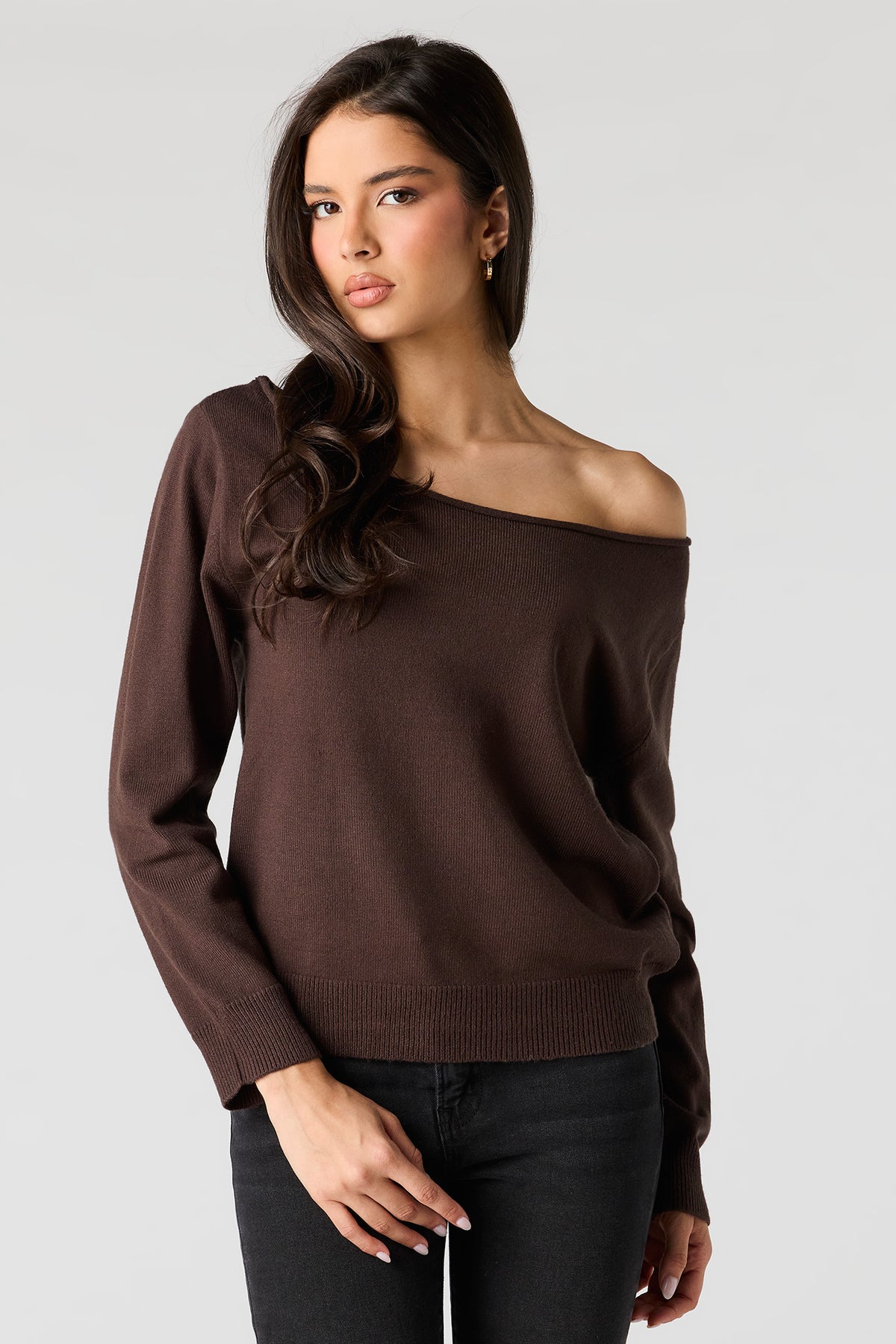 Off Shoulder Sweater - Brown