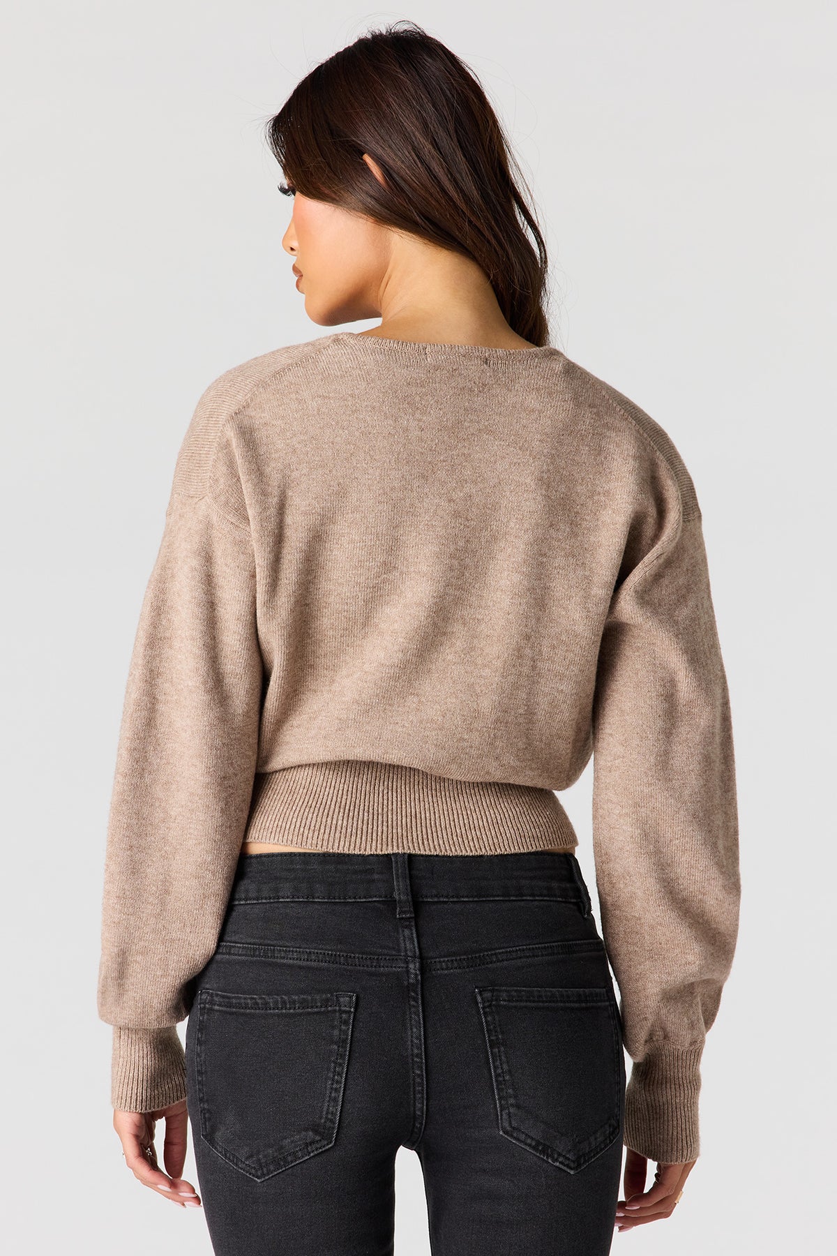 Alt View 2. V-Neck Wrap Knit Long Sleeve Top - Oatmeal