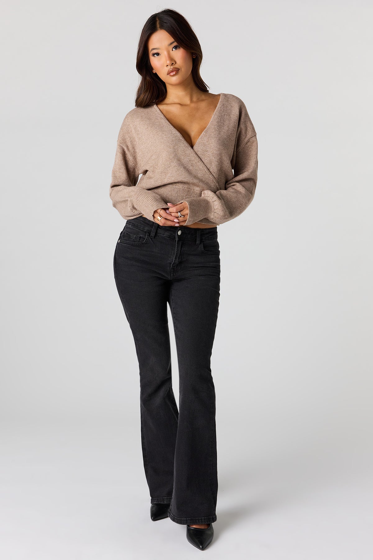 Alt View 3. V-Neck Wrap Knit Long Sleeve Top - Oatmeal