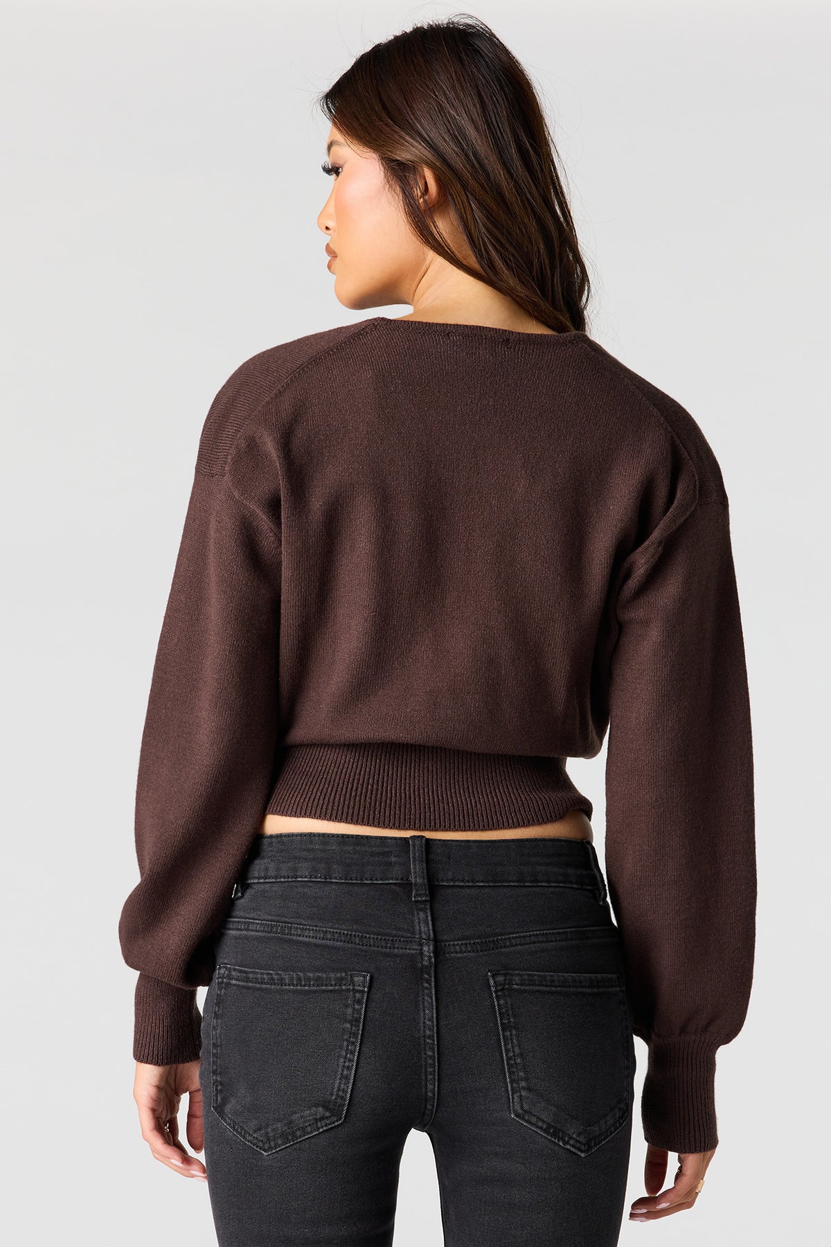 Alt View 2. V-Neck Wrap Knit Long Sleeve Top - Brown