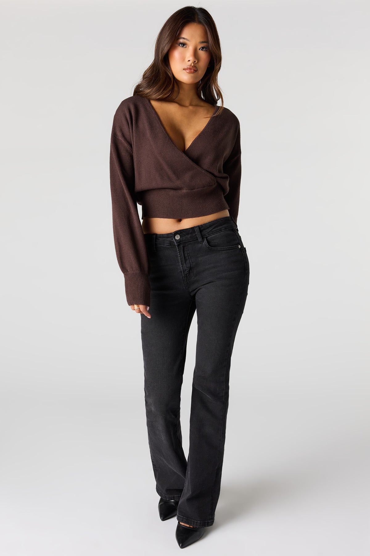 Alt View 3. V-Neck Wrap Knit Long Sleeve Top - Brown