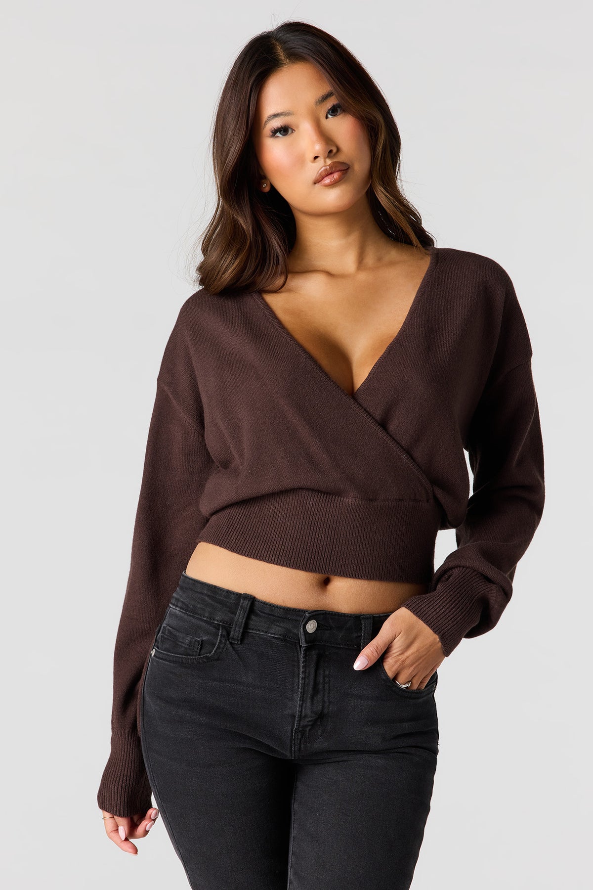 V-Neck Wrap Knit Long Sleeve Top - Brown
