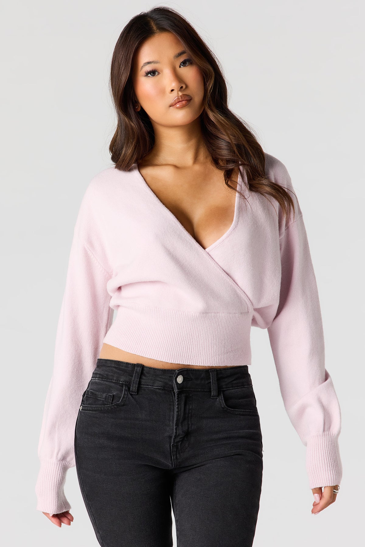 V-Neck Wrap Knit Long Sleeve Top - Light Pink