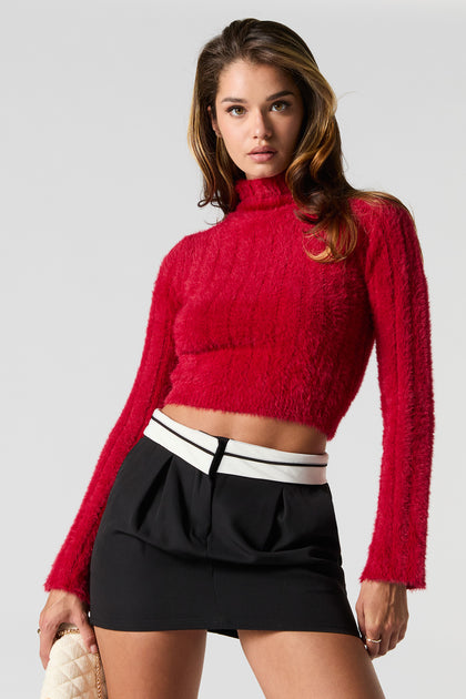 Fuzzy Ribbed Knit Cropped Turtleneck