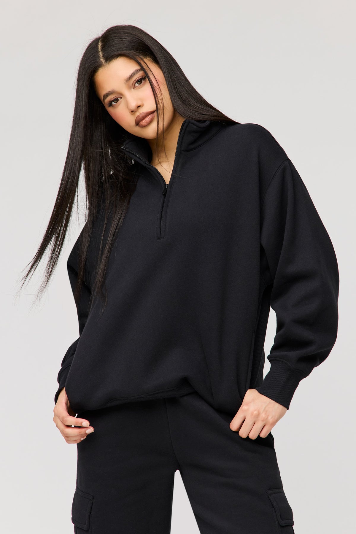 Premium Fleece Boyfriend Half Zip - Black