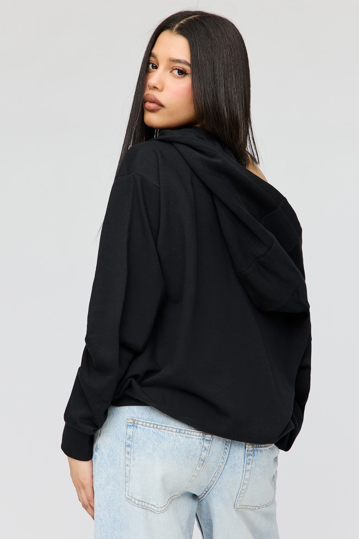 Alt View 2. French Terry Multiway Off-Shoulder Hoodie - Black