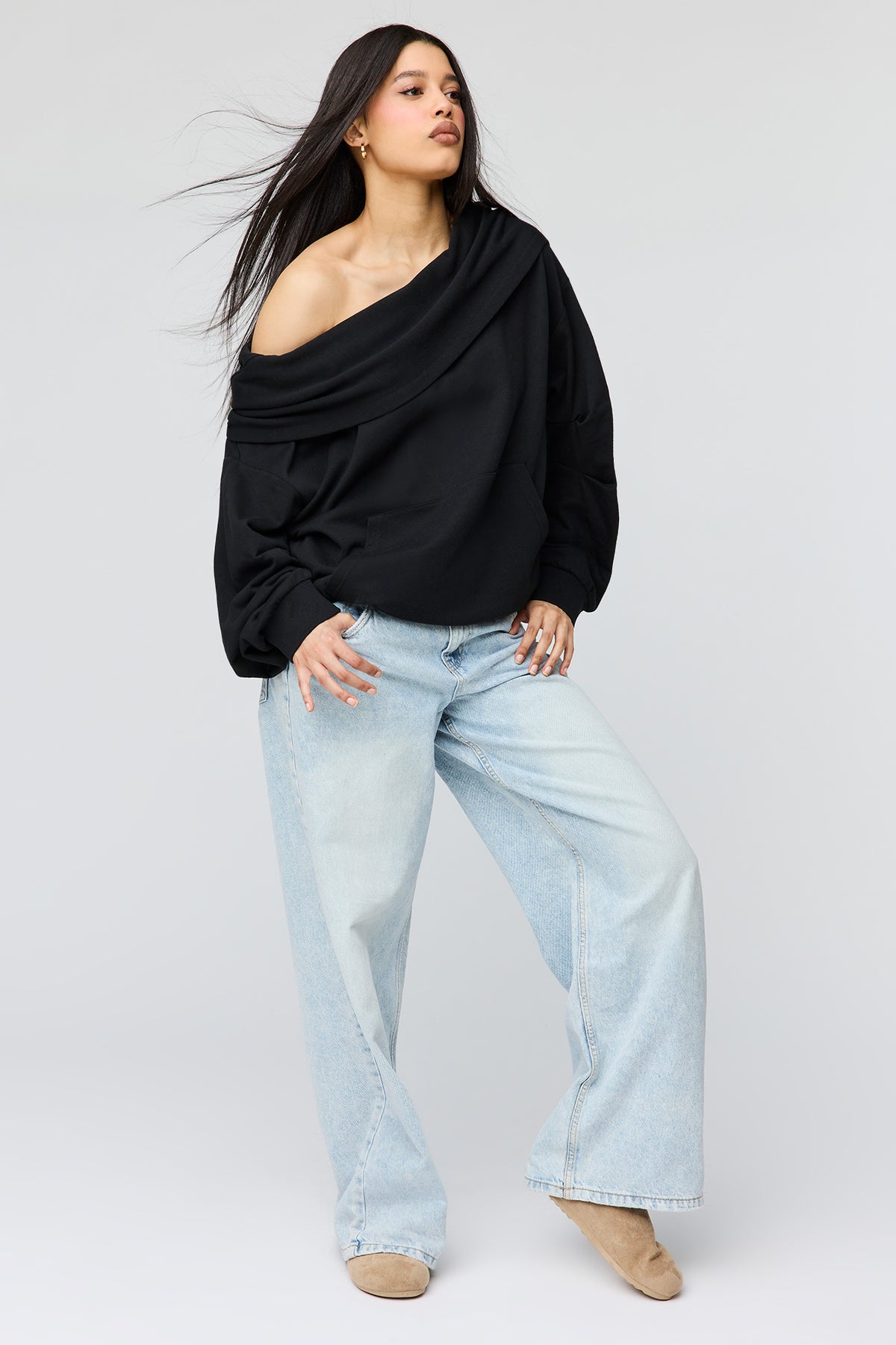 Alt View 3. French Terry Multiway Off-Shoulder Hoodie - Black