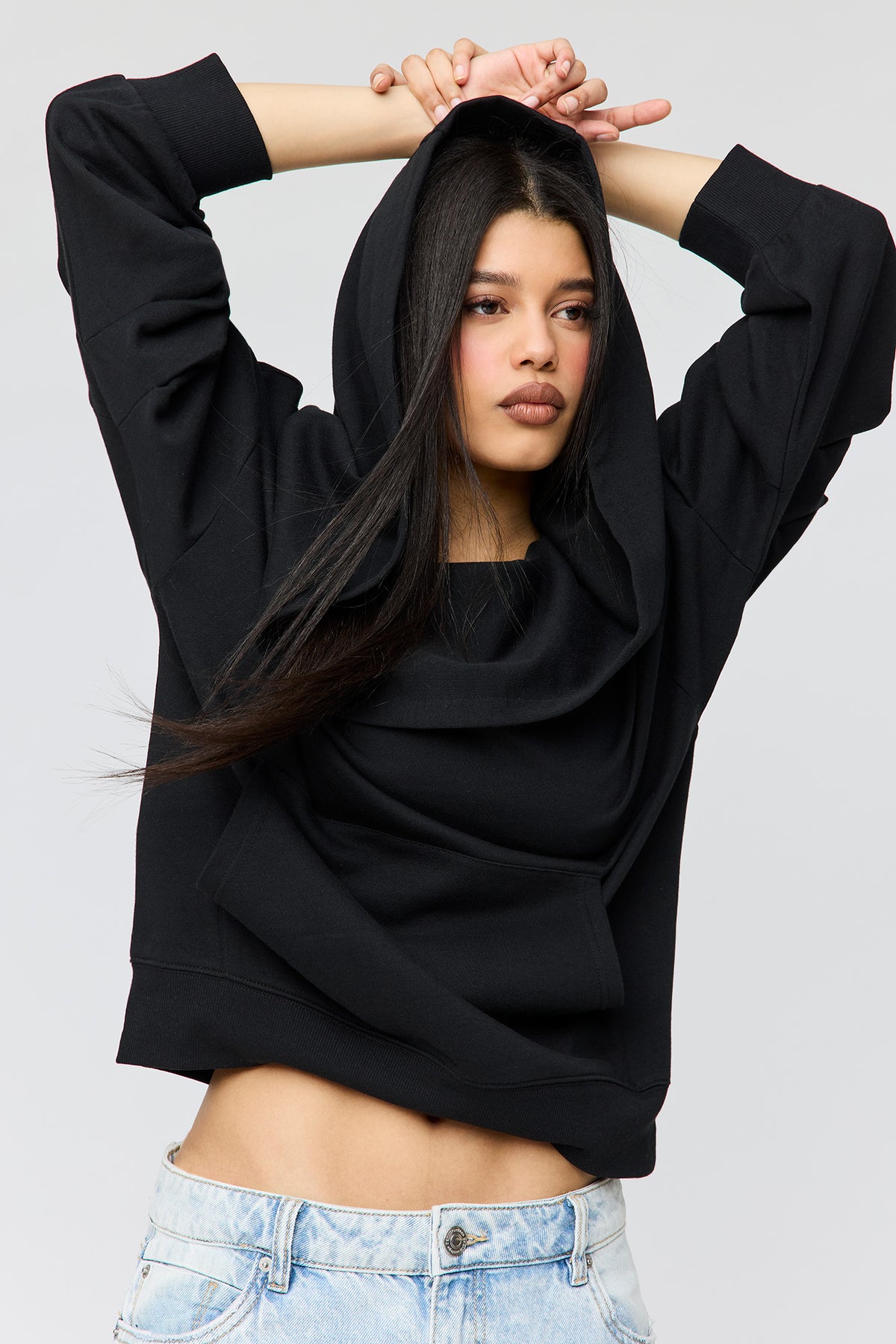 Alt View 4. French Terry Multiway Off-Shoulder Hoodie - Black