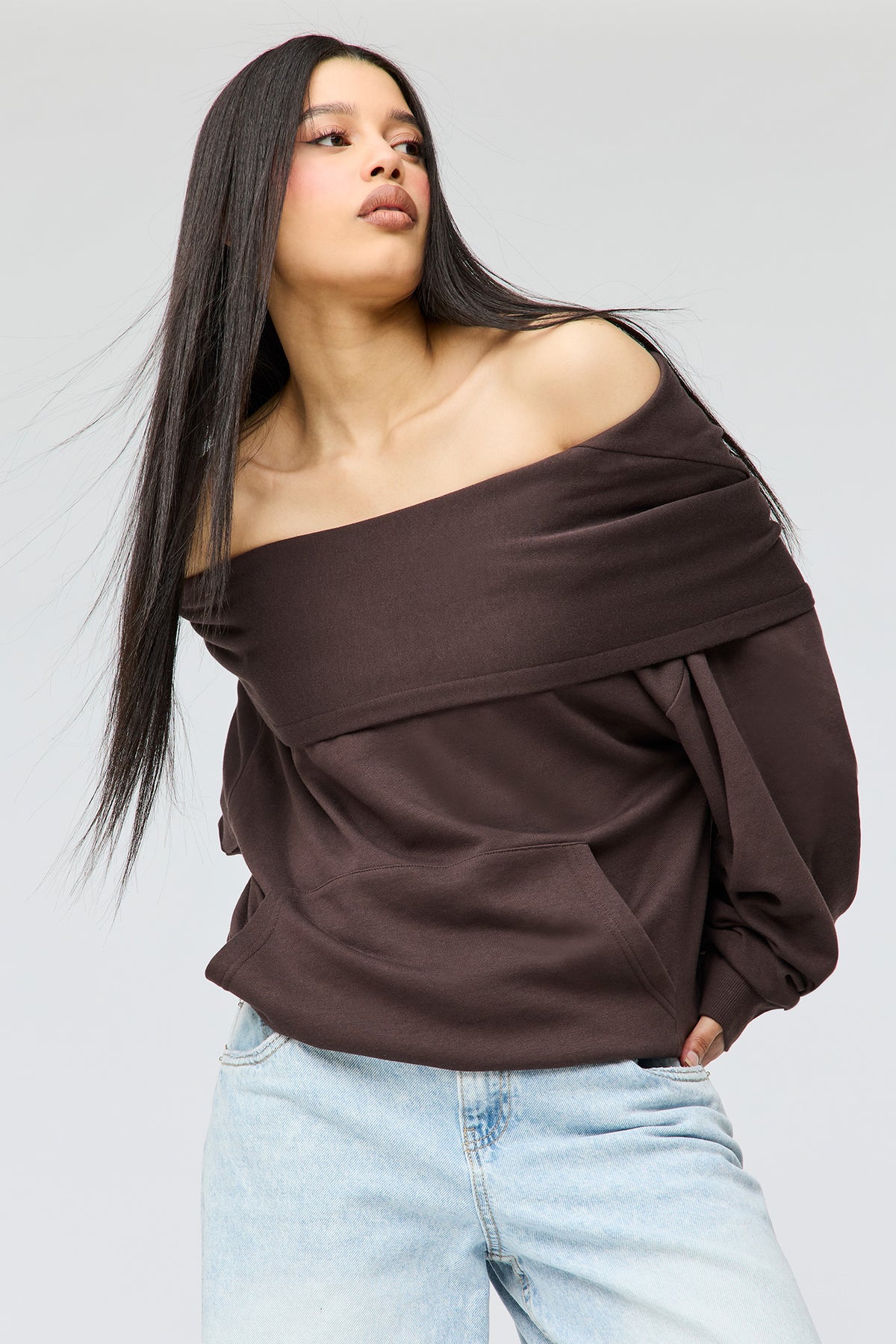 French Terry Multiway Off-Shoulder Hoodie - Brown
