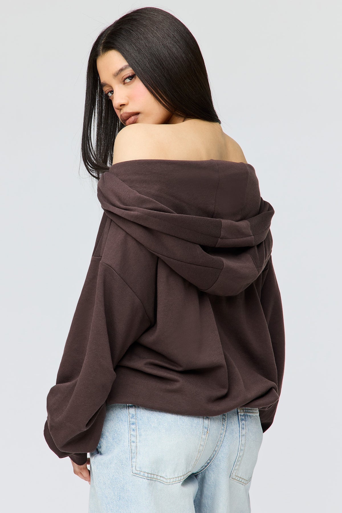 Alt View 2. French Terry Multiway Off-Shoulder Hoodie - Brown
