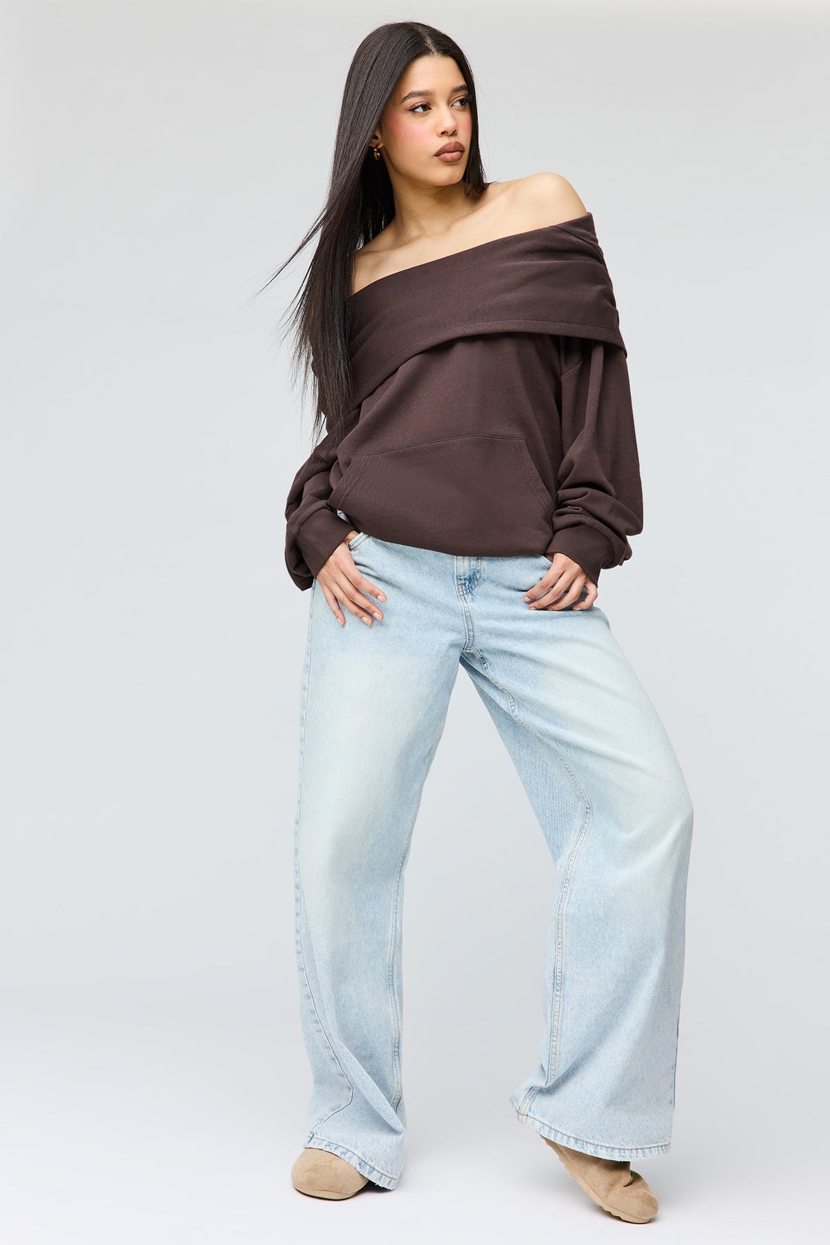 Alt View 3. French Terry Multiway Off-Shoulder Hoodie - Brown