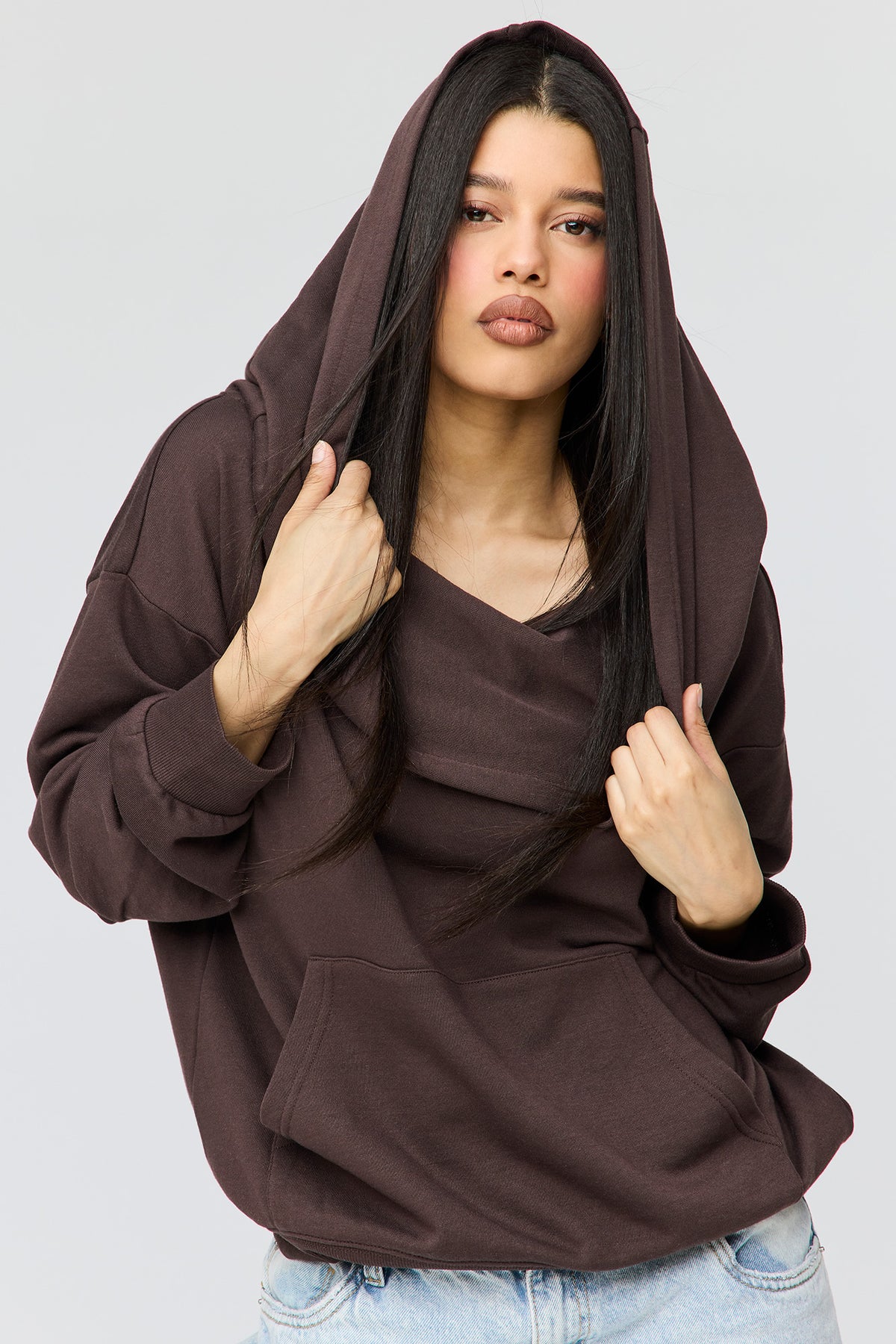 Alt View 4. French Terry Multiway Off-Shoulder Hoodie - Brown
