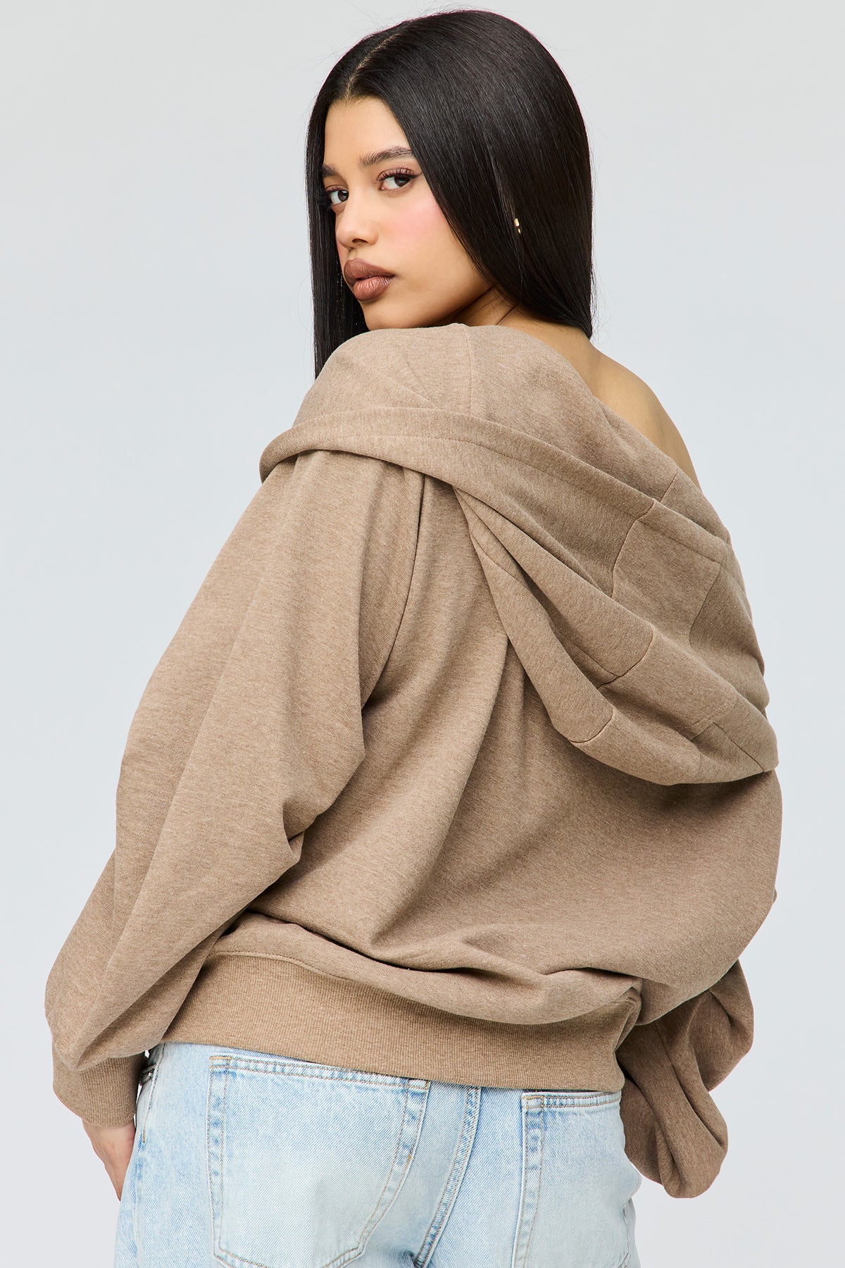 Alt View 2. French Terry Multiway Off-Shoulder Hoodie - Light Brown