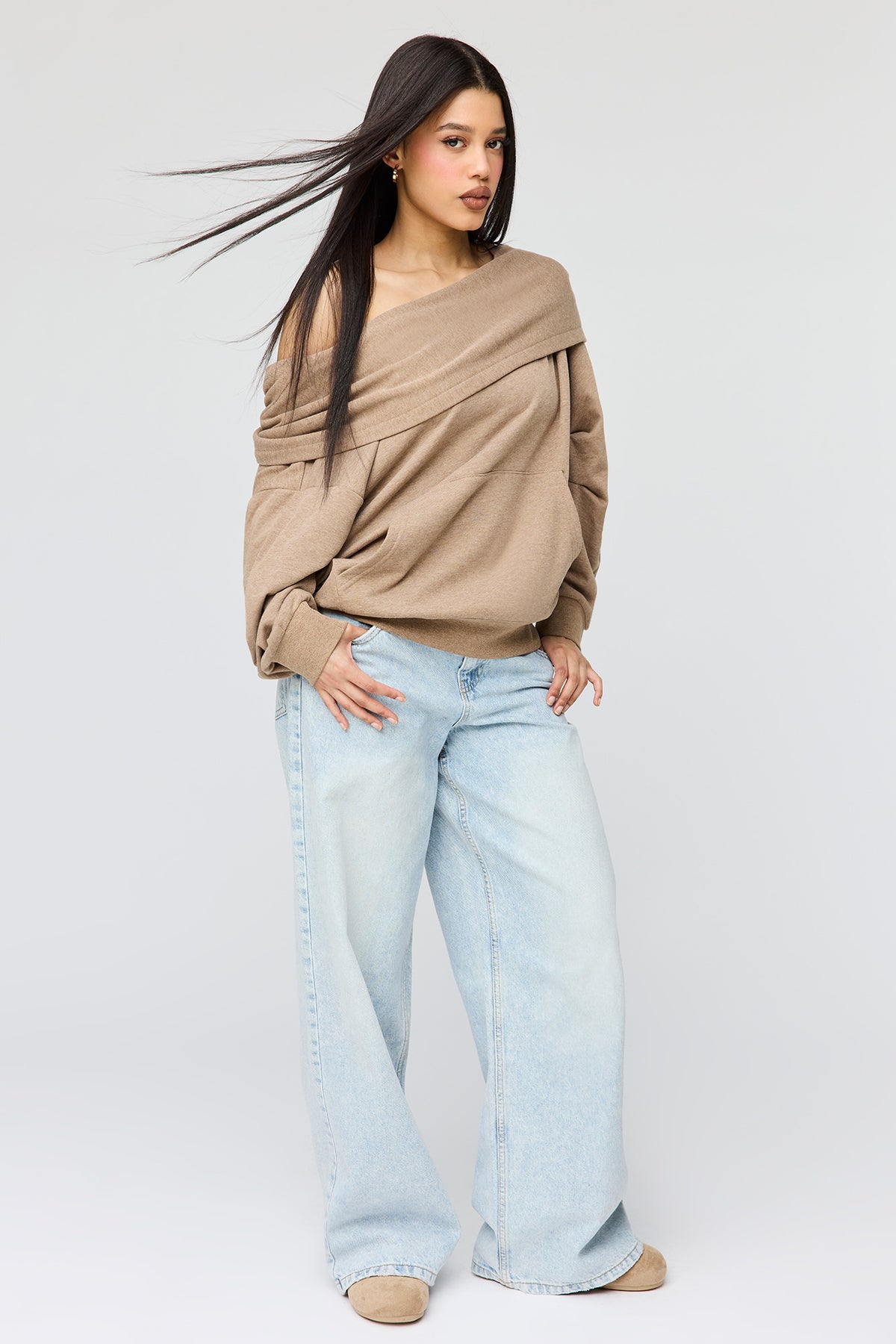 Alt View 3. French Terry Multiway Off-Shoulder Hoodie - Light Brown