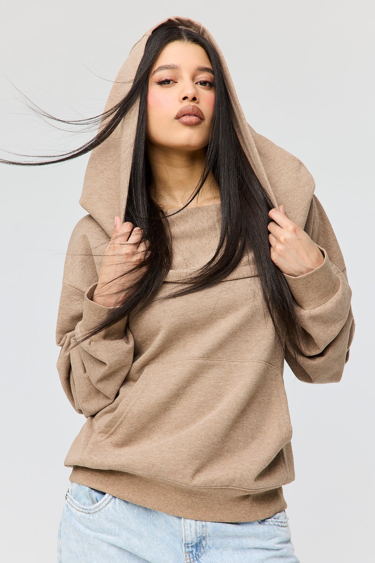 Alt View 4. French Terry Multiway Off-Shoulder Hoodie - Light Brown