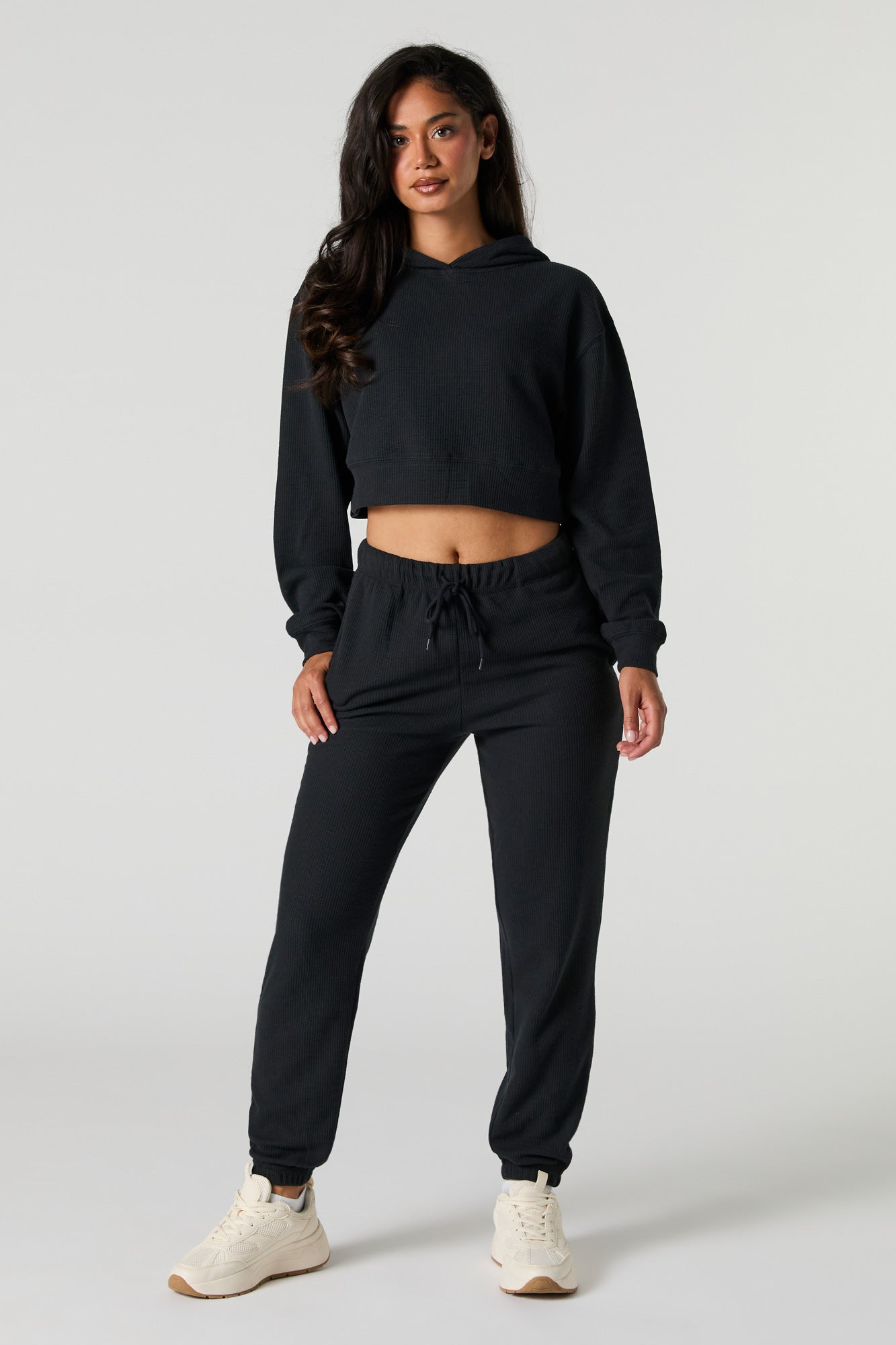 Waffle Knit Cropped Hoodie