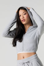 Ribbed Fleece Zip-Up Cropped Hoodie