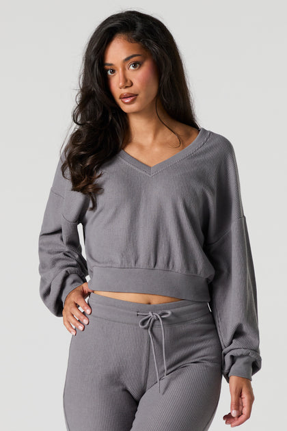 Waffle Knit Cropped V-Neck Sweater