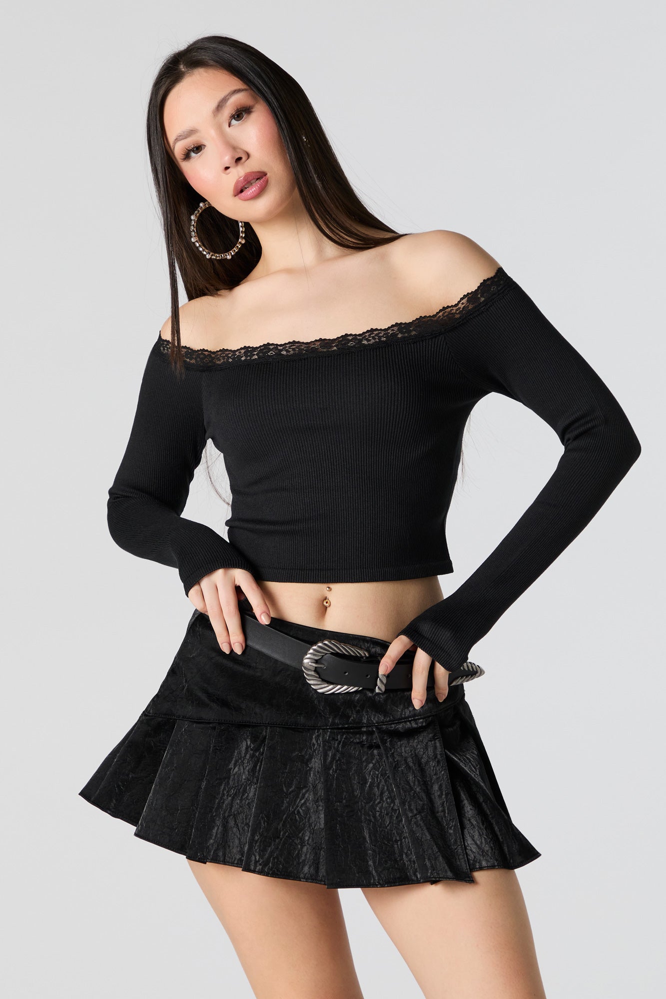 Ribbed Lace Trim Off Shoulder Long Sleeve Top