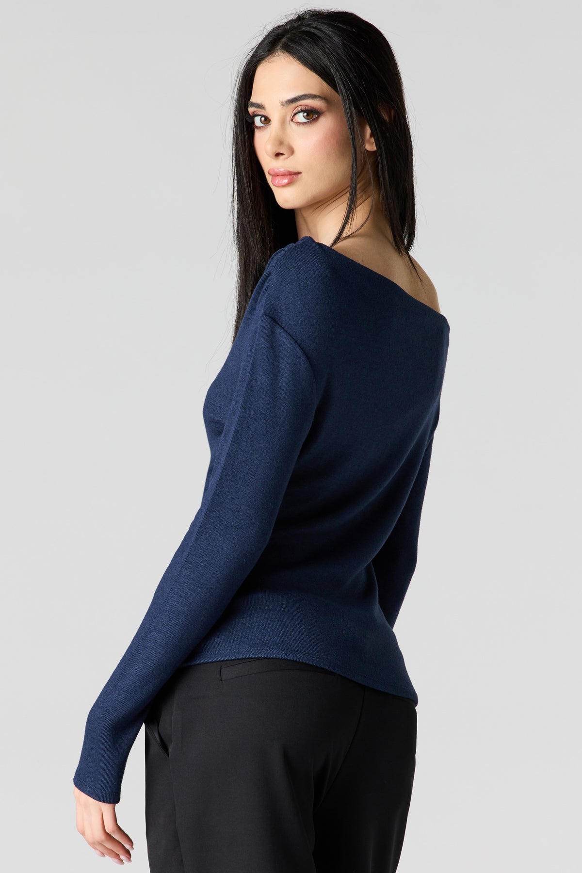 Alt View 2. Off Shoulder Asymmetrical Knit Top - Navy