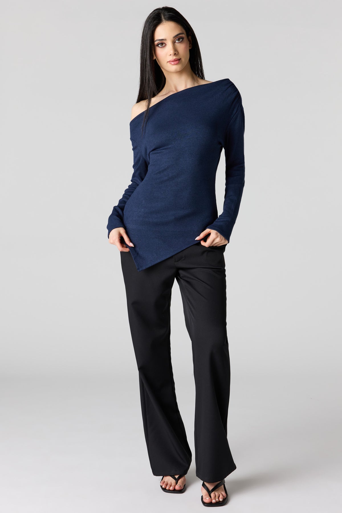 Alt View 3. Off Shoulder Asymmetrical Knit Top - Navy