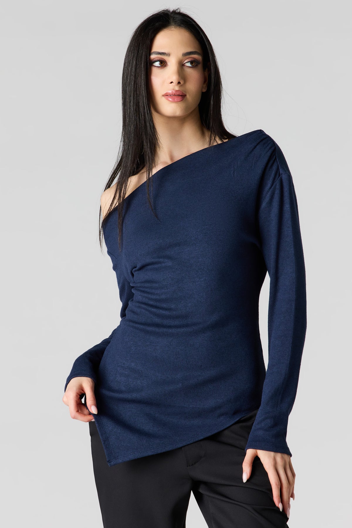 Off Shoulder Asymmetrical Knit Top - Navy