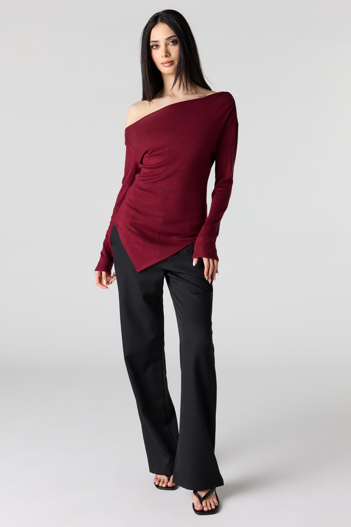 Alt View 3. Off Shoulder Asymmetrical Knit Top - Wine