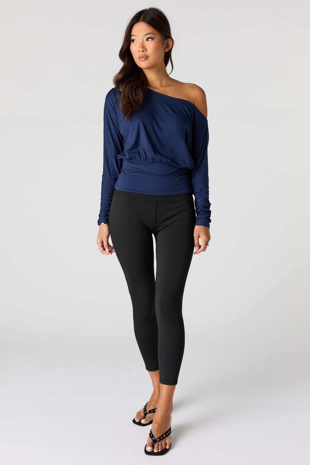 Alt View 3. Off Shoulder Long Sleeve Top - Navy