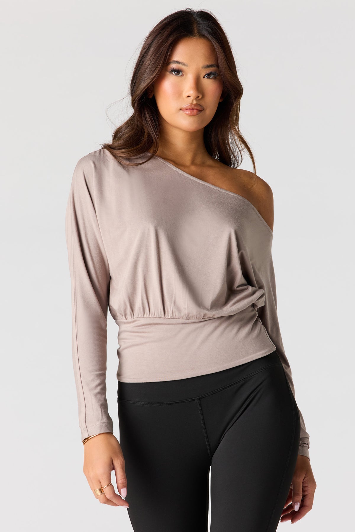 Off Shoulder Long Sleeve Top - Taupe
