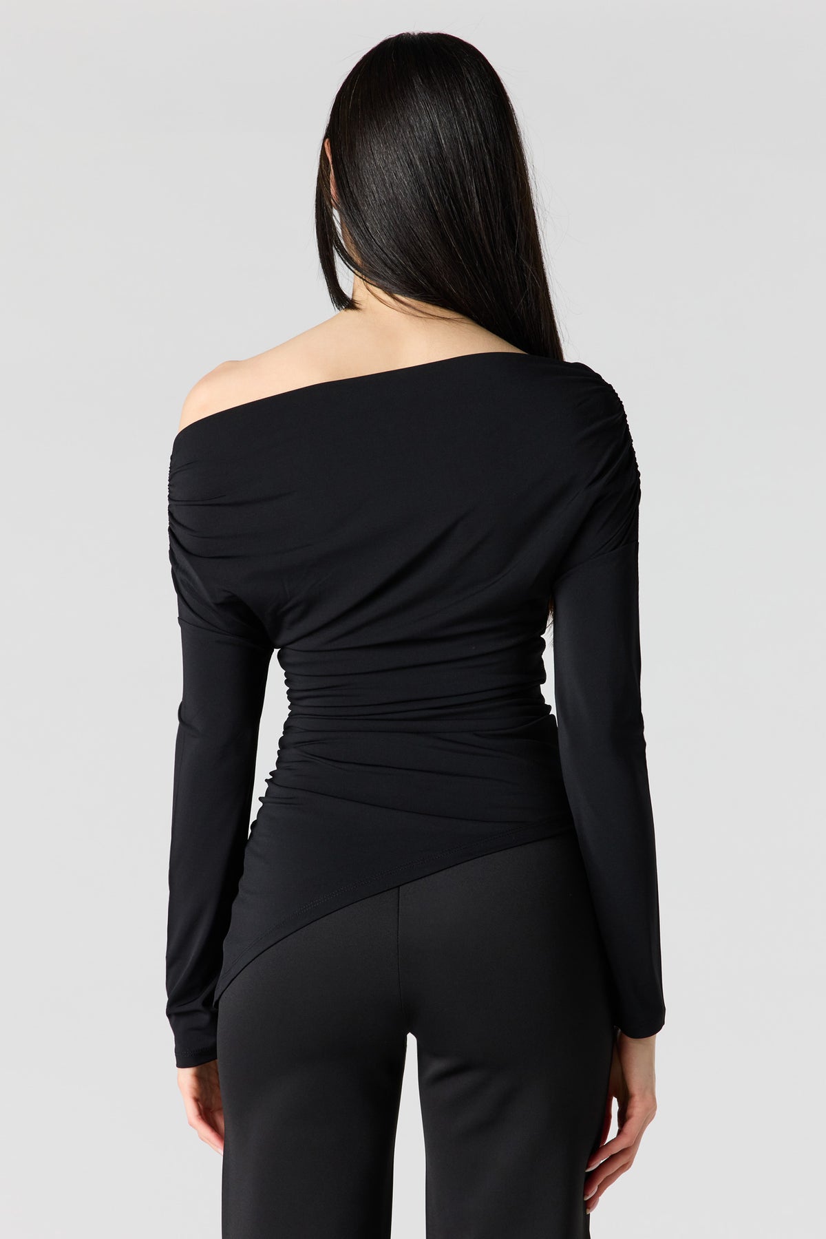 Alt View 2. Boatneck Ruched Asymmetrical Top - Black