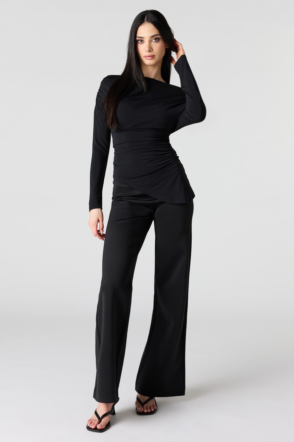 Alt View 3. Boatneck Ruched Asymmetrical Top - Black