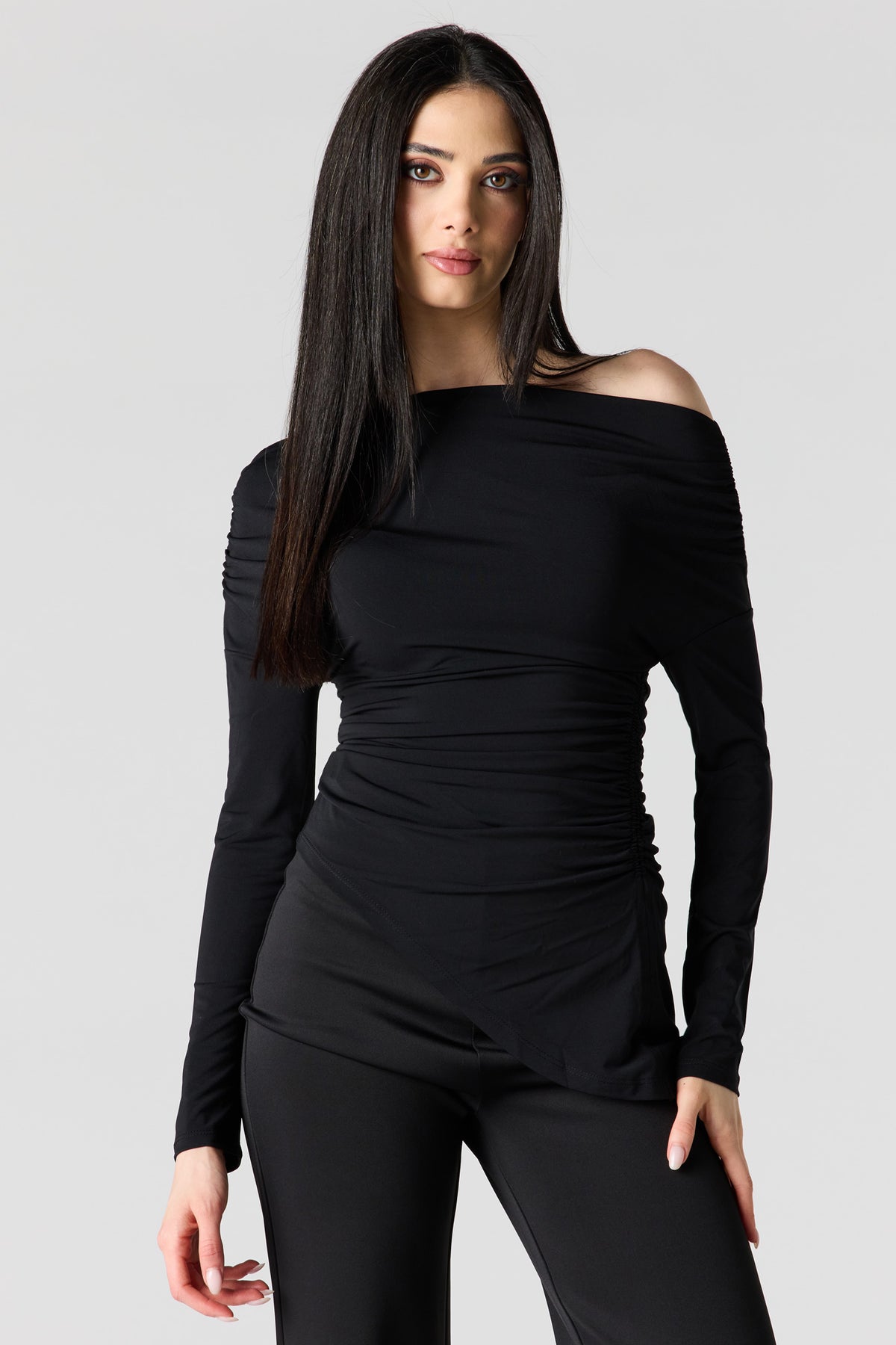 Boatneck Ruched Asymmetrical Top - Black