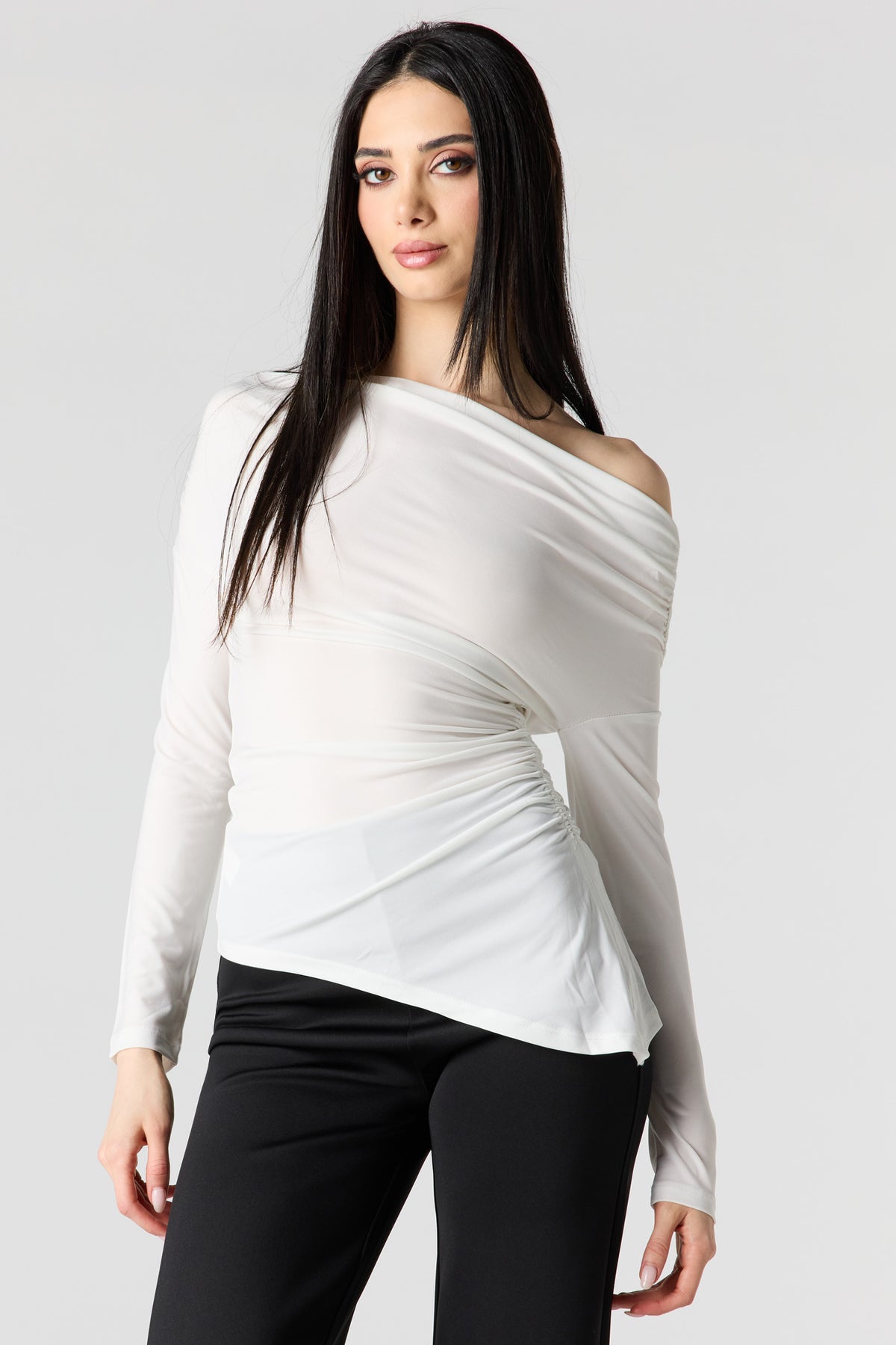 Boatneck Ruched Asymmetrical Top - White