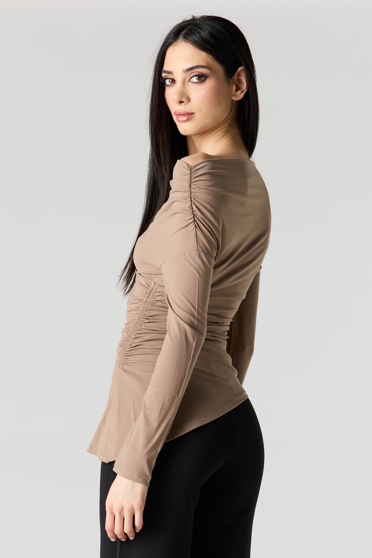 Alt View 2. Boatneck Ruched Asymmetrical Top - Tan