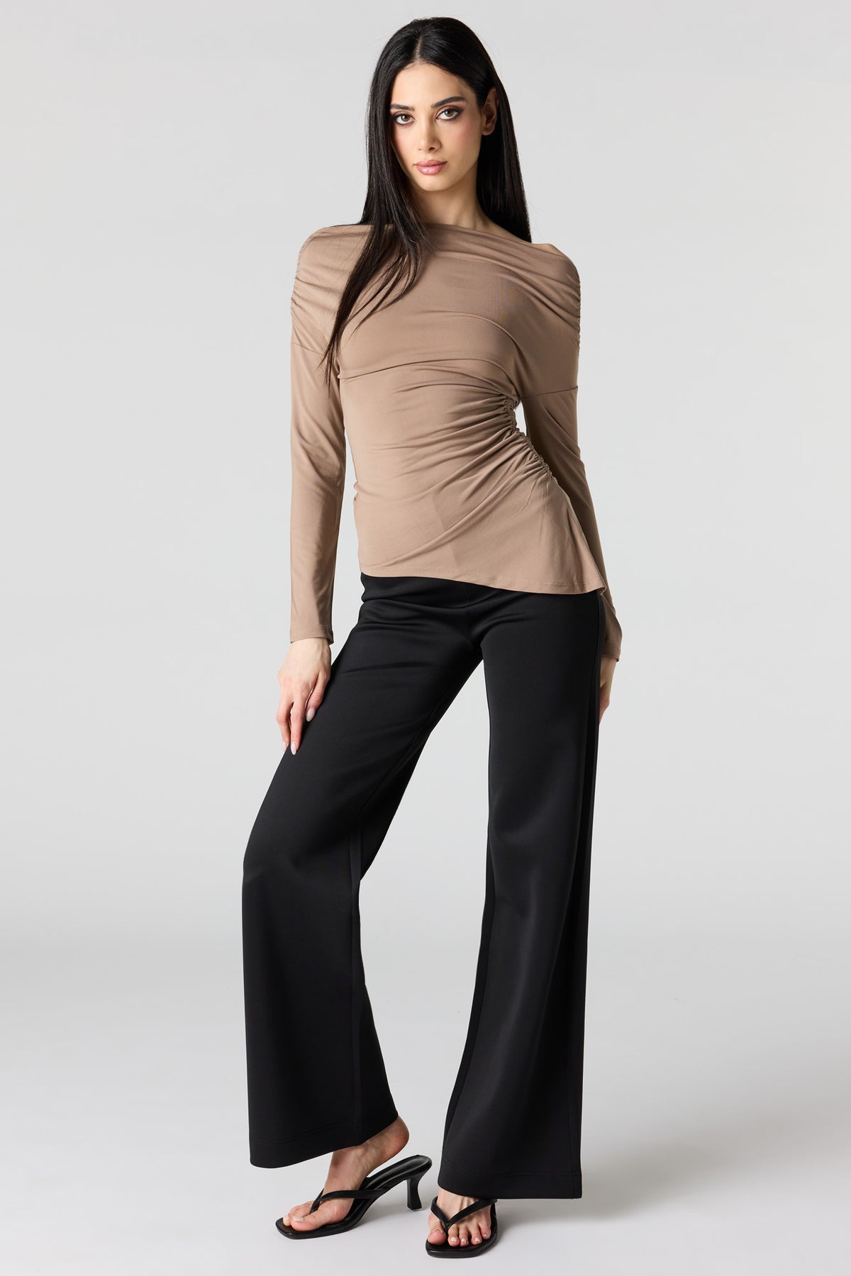 Alt View 3. Boatneck Ruched Asymmetrical Top - Tan