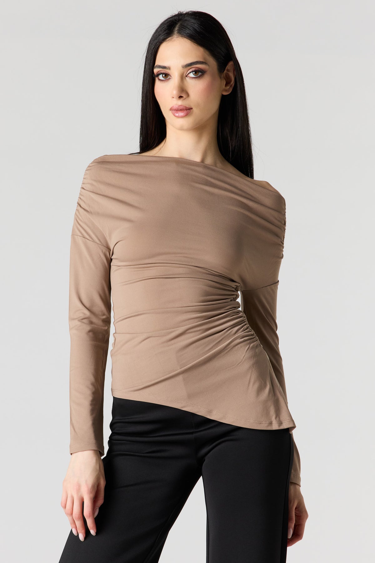 Boatneck Ruched Asymmetrical Top - Tan