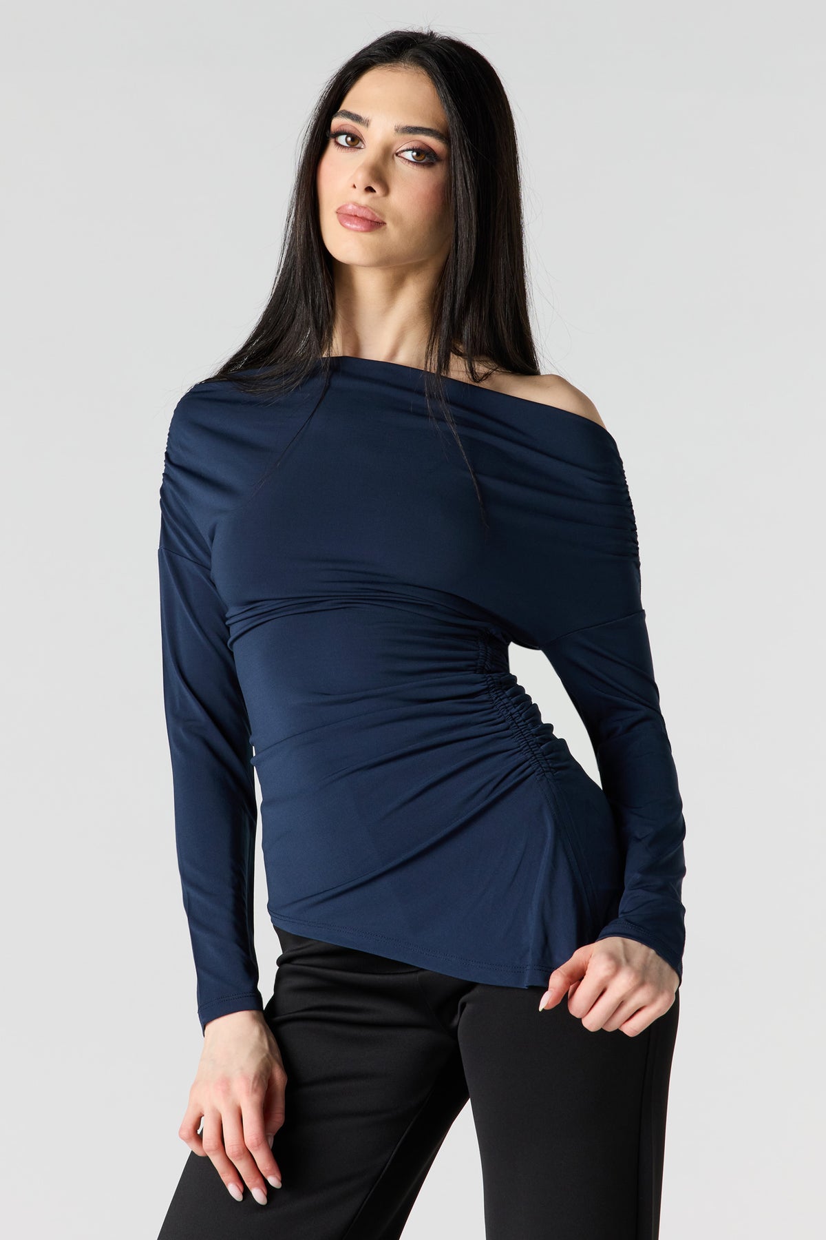 Boatneck Ruched Asymmetrical Top - Navy