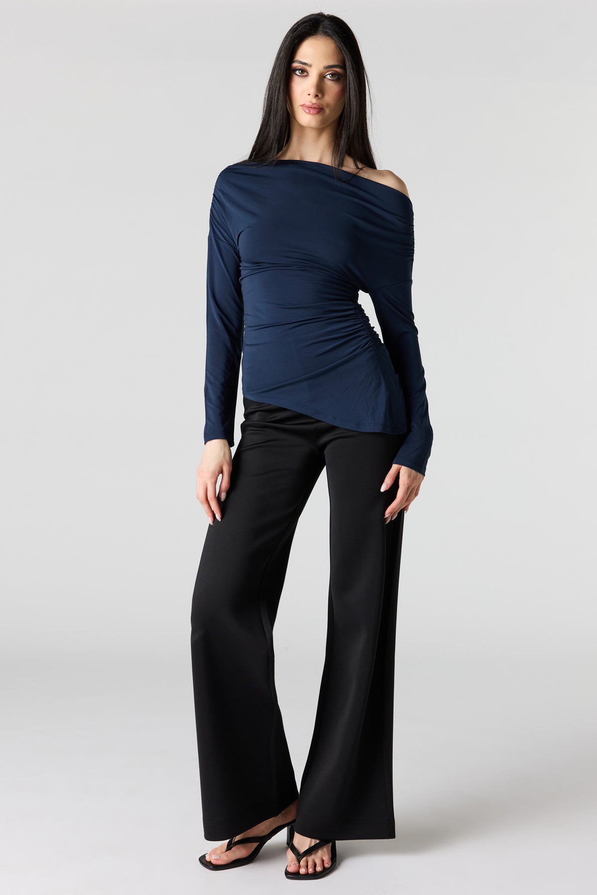 Alt View 3. Boatneck Ruched Asymmetrical Top - Navy
