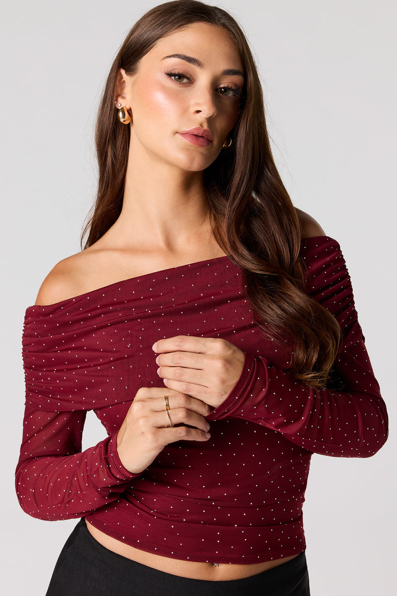 Rhinestone Mesh Off Shoulder Top
