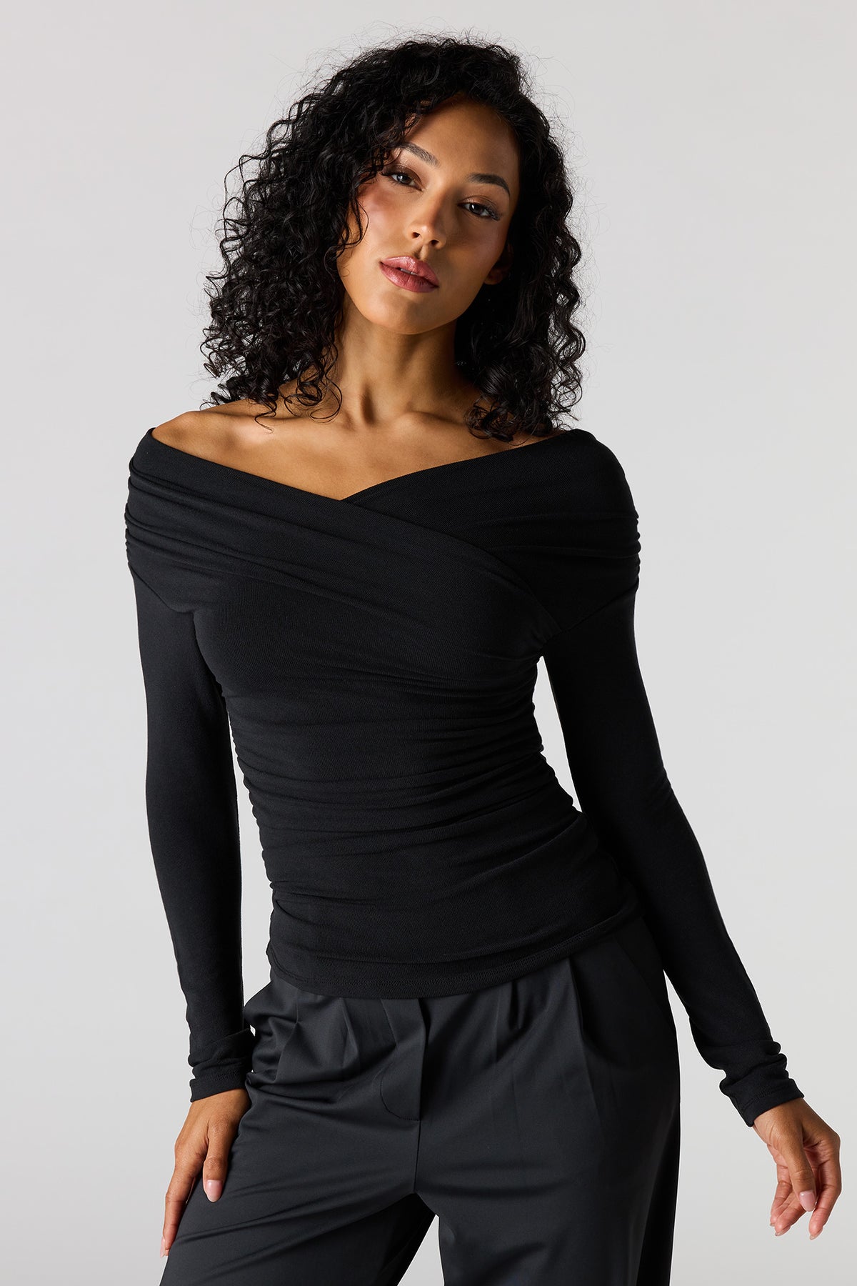 Ruched Surplice Off Shoulder Top - Black