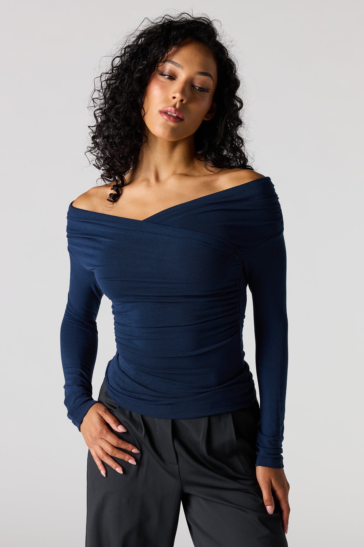 Ruched Surplice Off Shoulder Top - Navy