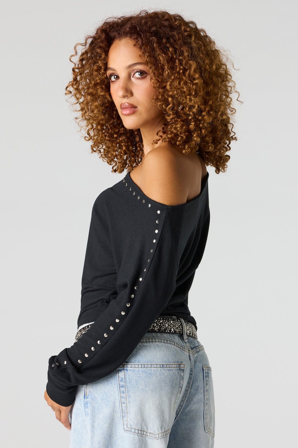 Alt View 2. Studded Boatneck Long Sleeve Top - Black