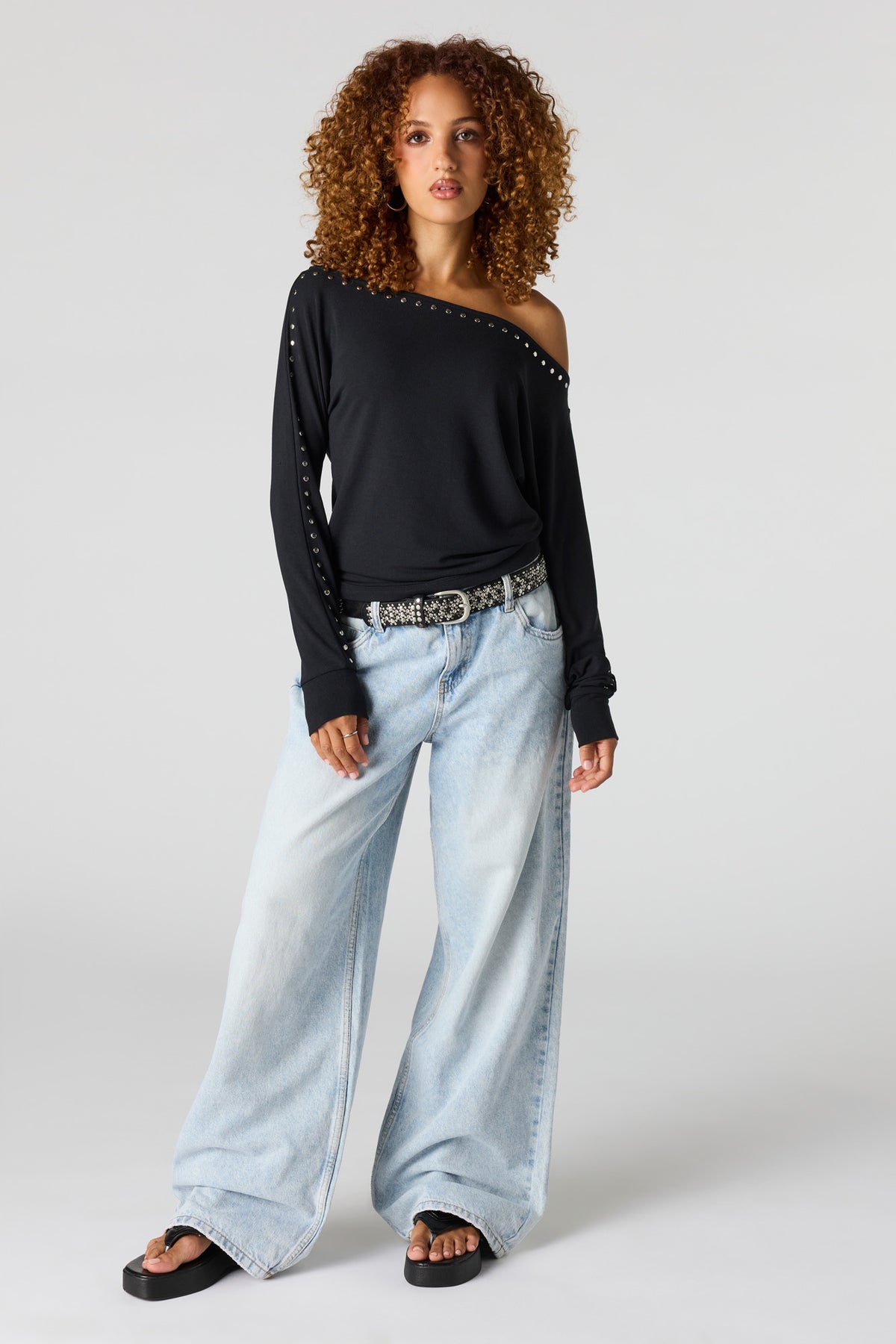 Alt View 3. Studded Boatneck Long Sleeve Top - Black