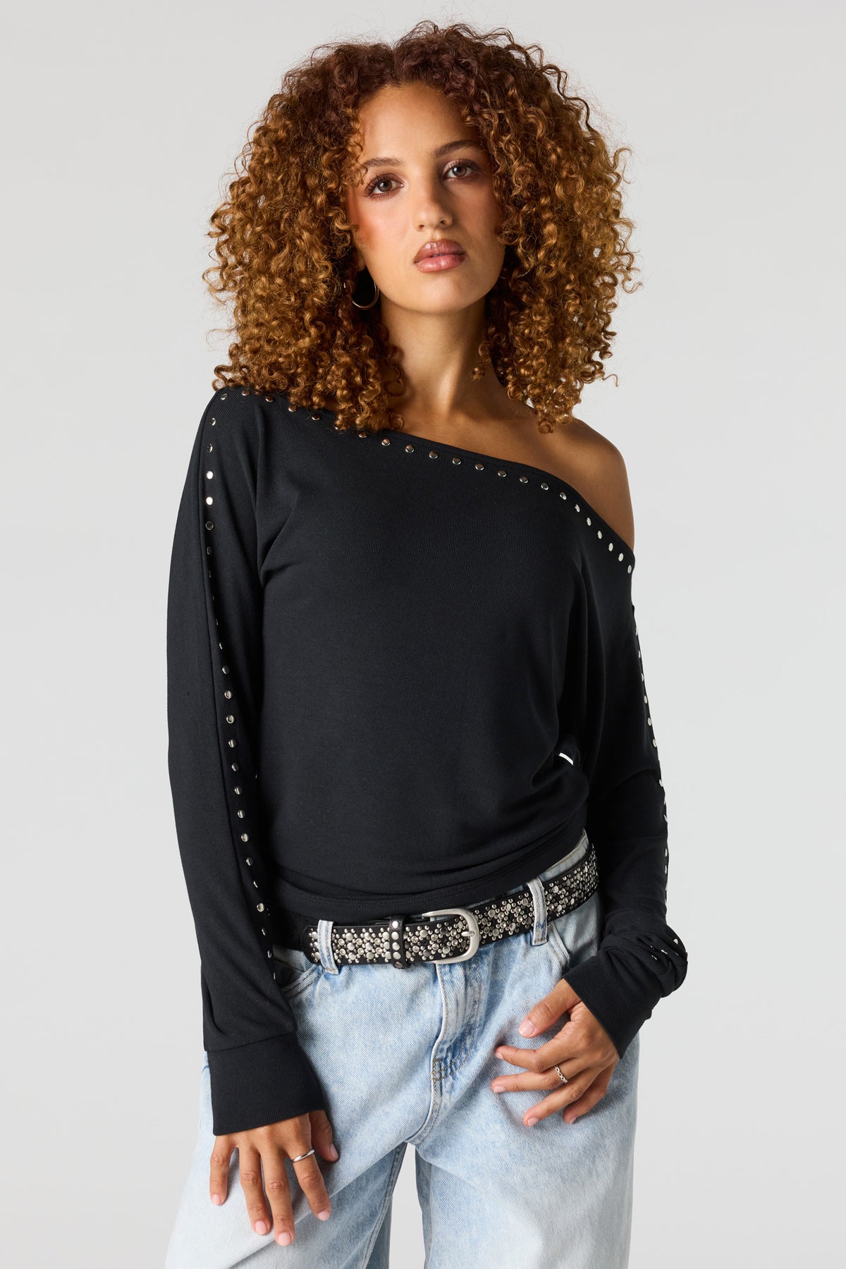 Alt View 4. Studded Boatneck Long Sleeve Top - Black