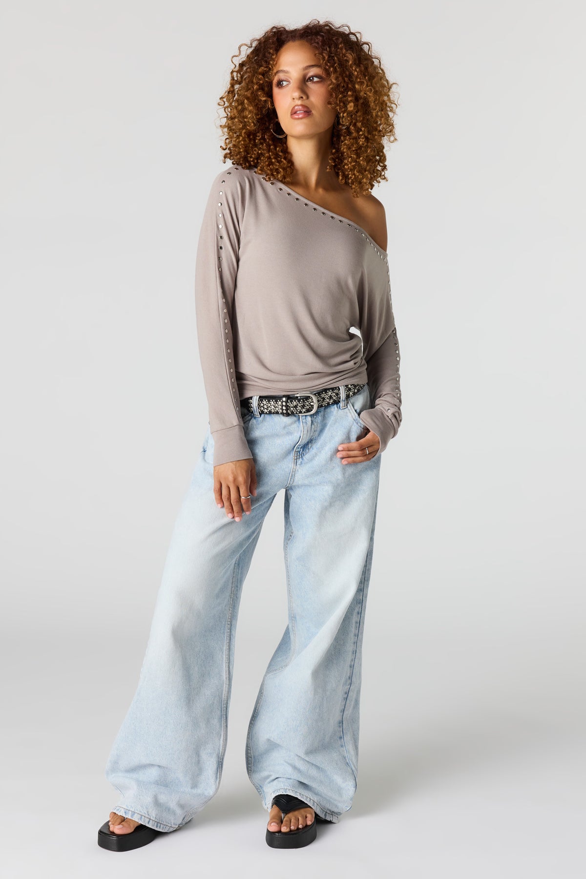 Alt View 3. Studded Boatneck Long Sleeve Top - Taupe