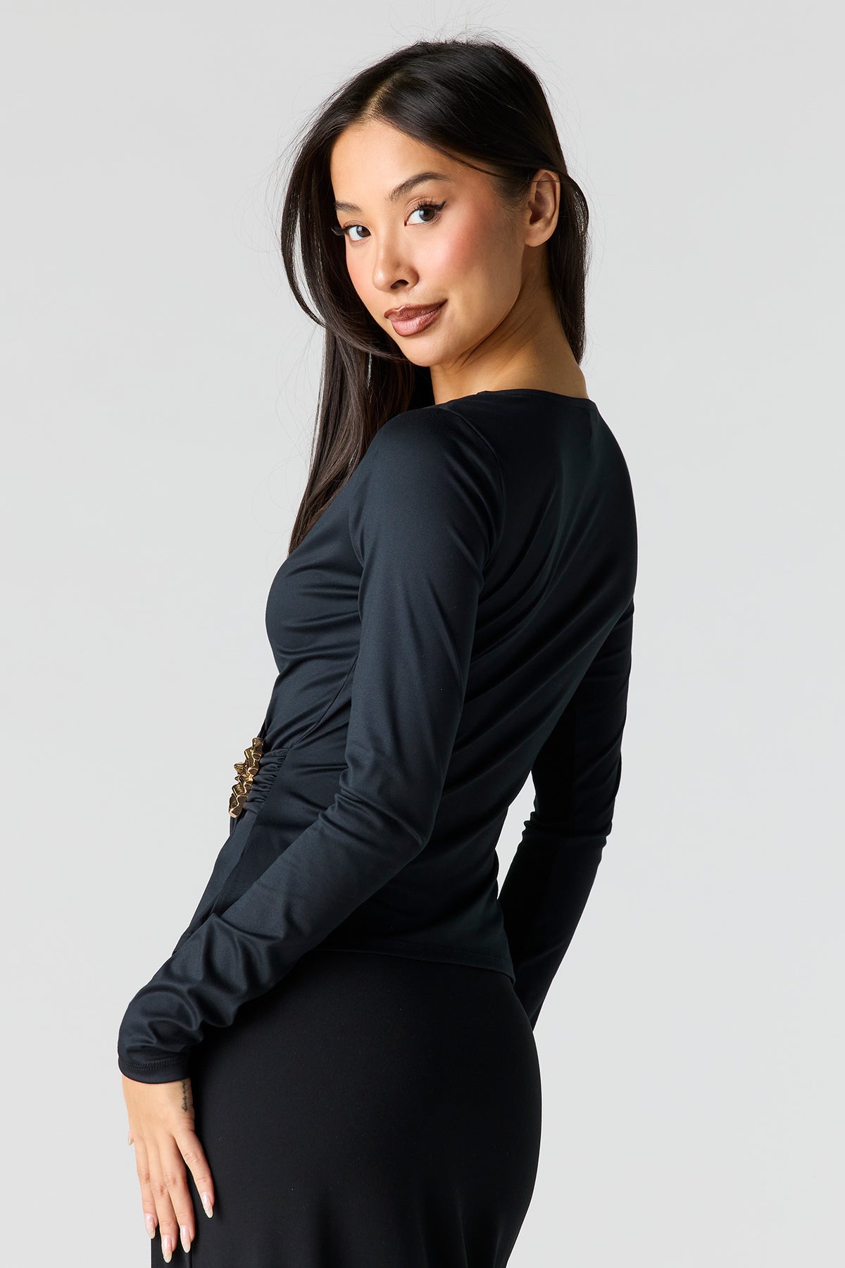 Alt View 2. Satin Wrapped Long Sleeve Top - Black