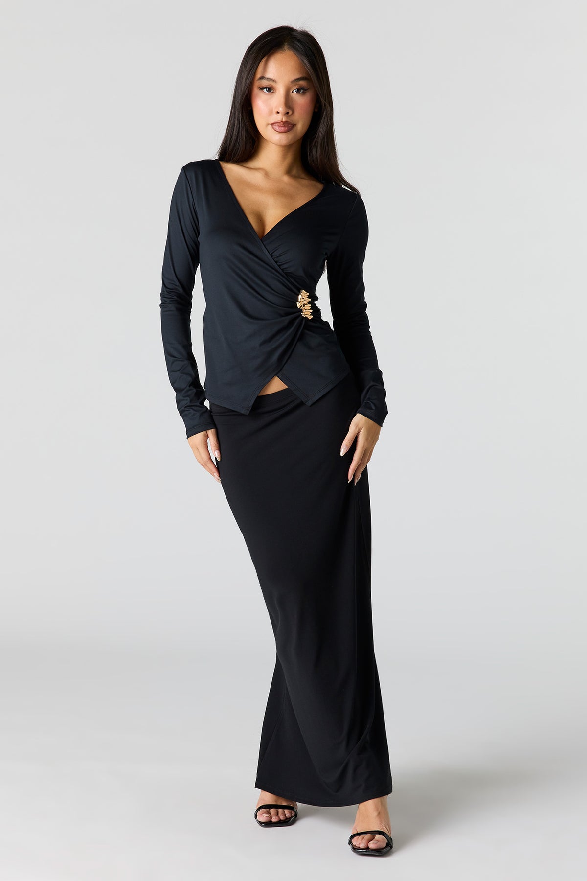 Alt View 3. Satin Wrapped Long Sleeve Top - Black